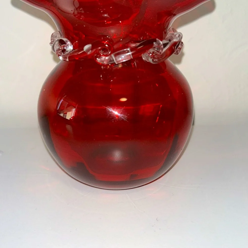 Viking Glass Ruby Red and Clear Ruffle Top Bud Glass Vase Marked